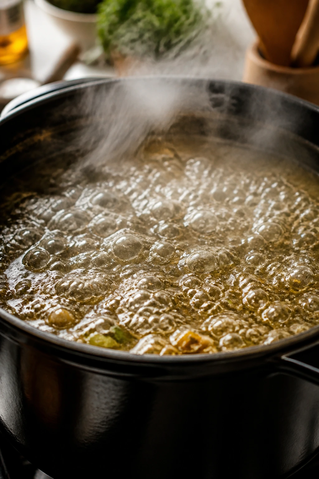 Pot boiling vigorously with large bubbles on a stove