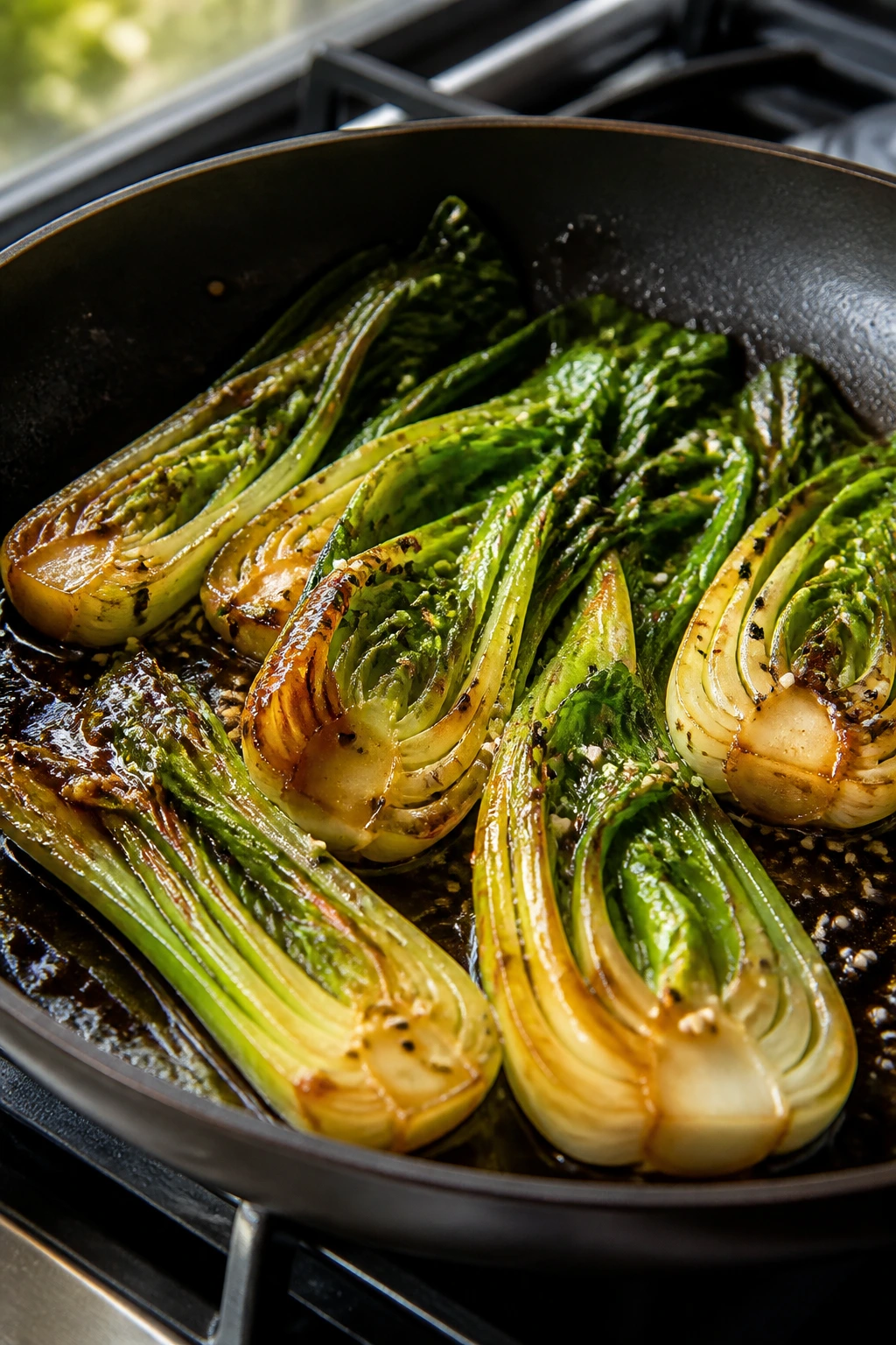 Halved bok choy in a skillet with sesame-ginger glaze