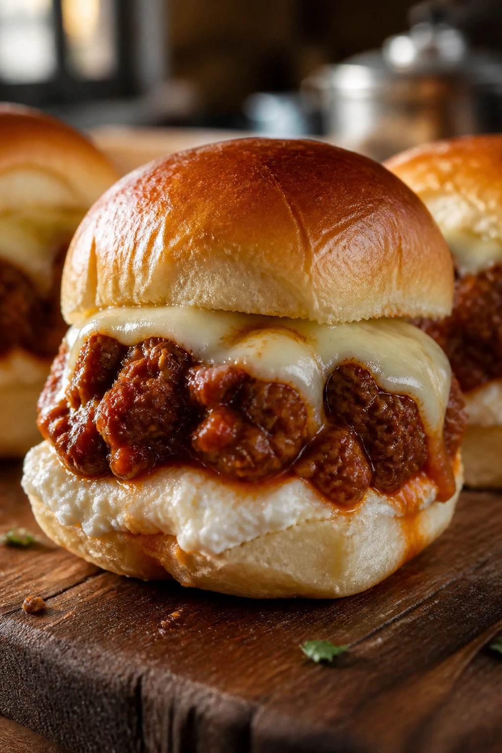 Close-up of a bolognese ricotta slider with mozzarella on a wooden board