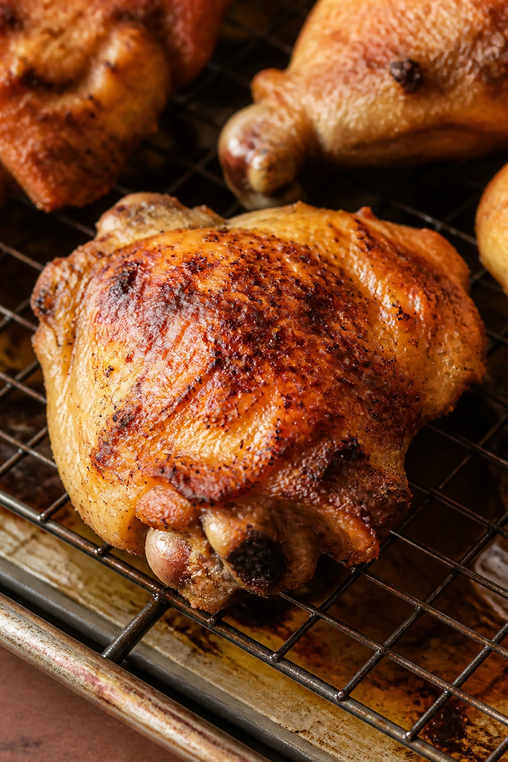 Bone-in chicken thigh with crispy skin on rack