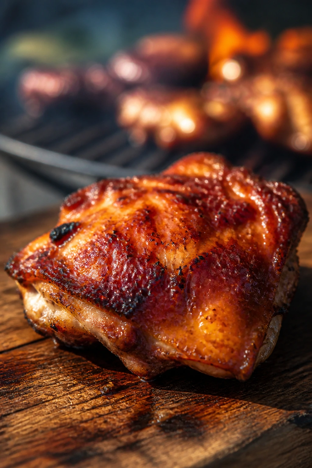 Bone-in chicken thigh with glaze on rustic board