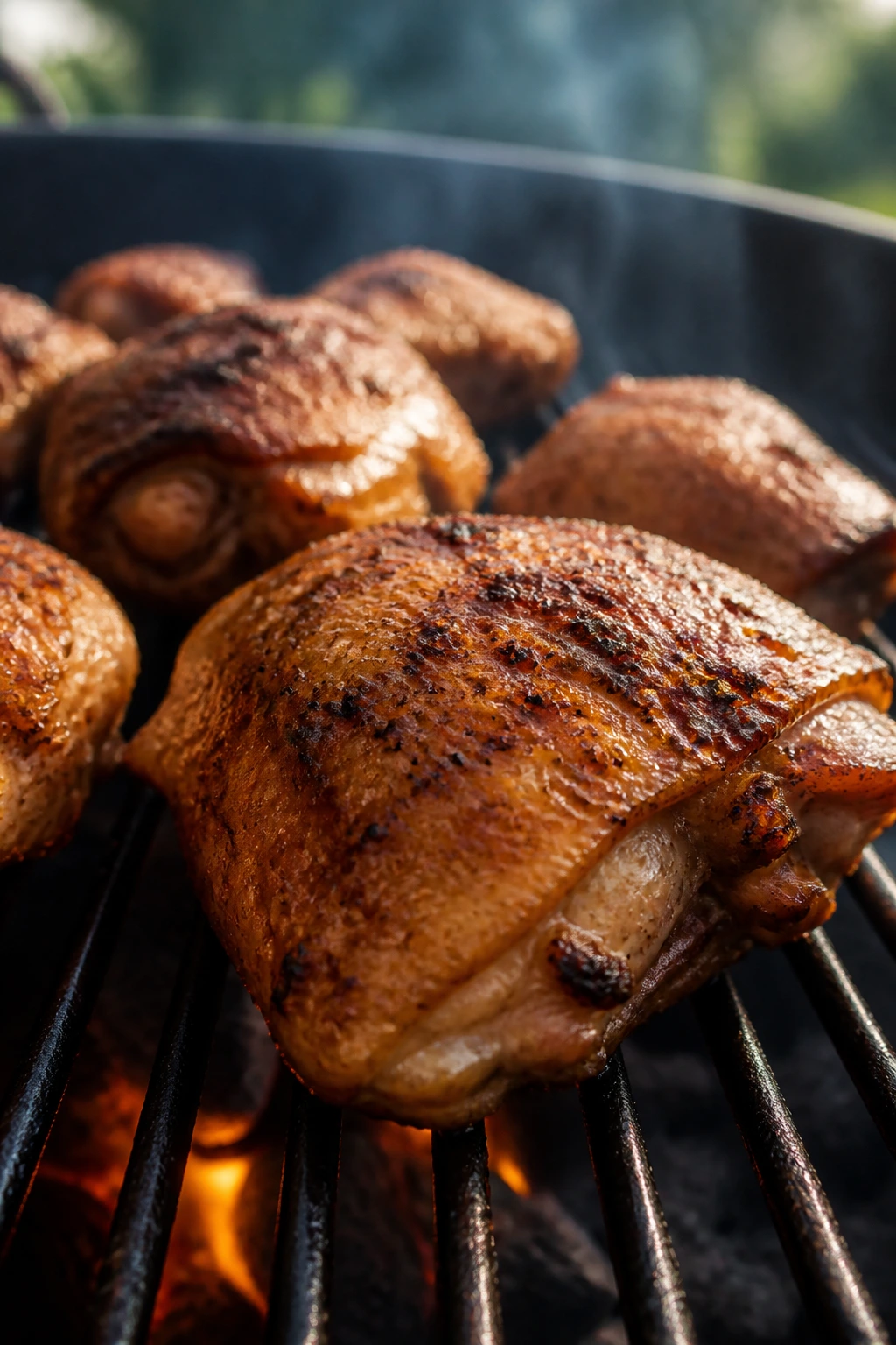 Juicy bone-in chicken thigh with crispy skin on a grill