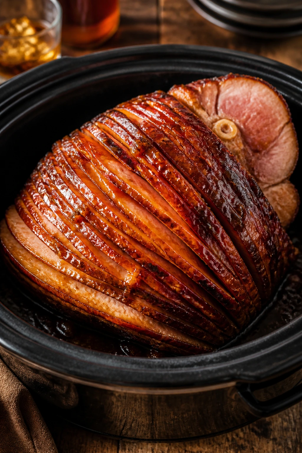 Close-up of bone-in spiral-cut ham with bourbon glaze in a slow cooker