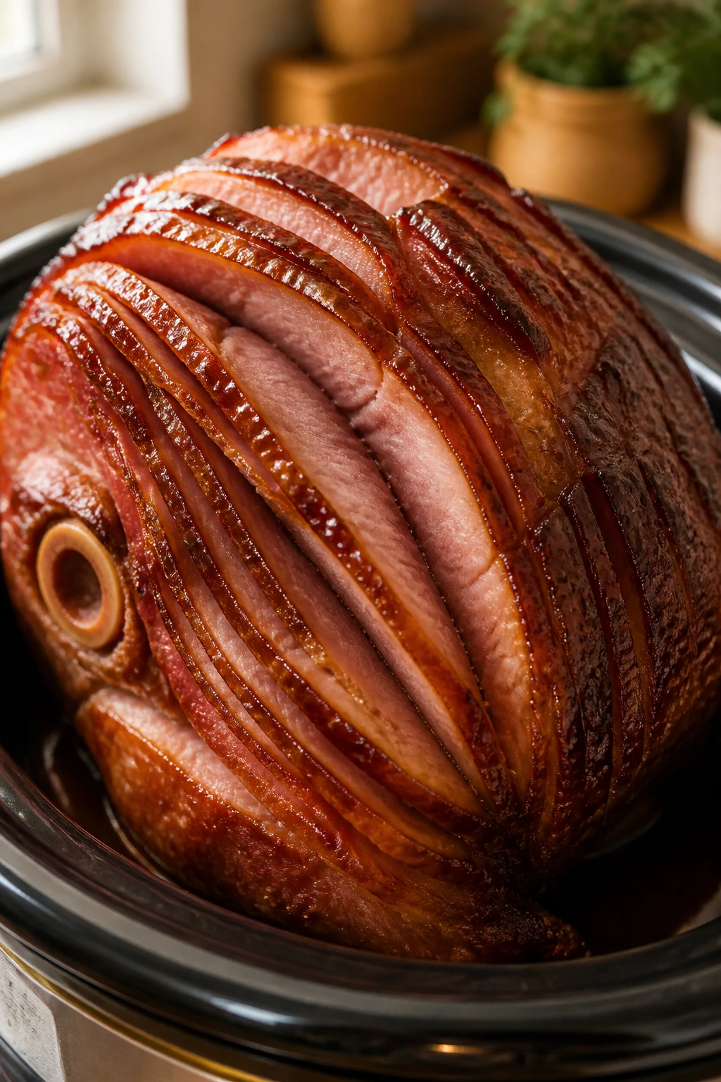 Close-up of bone-in spiral-cut ham on a platter showing spiral slices