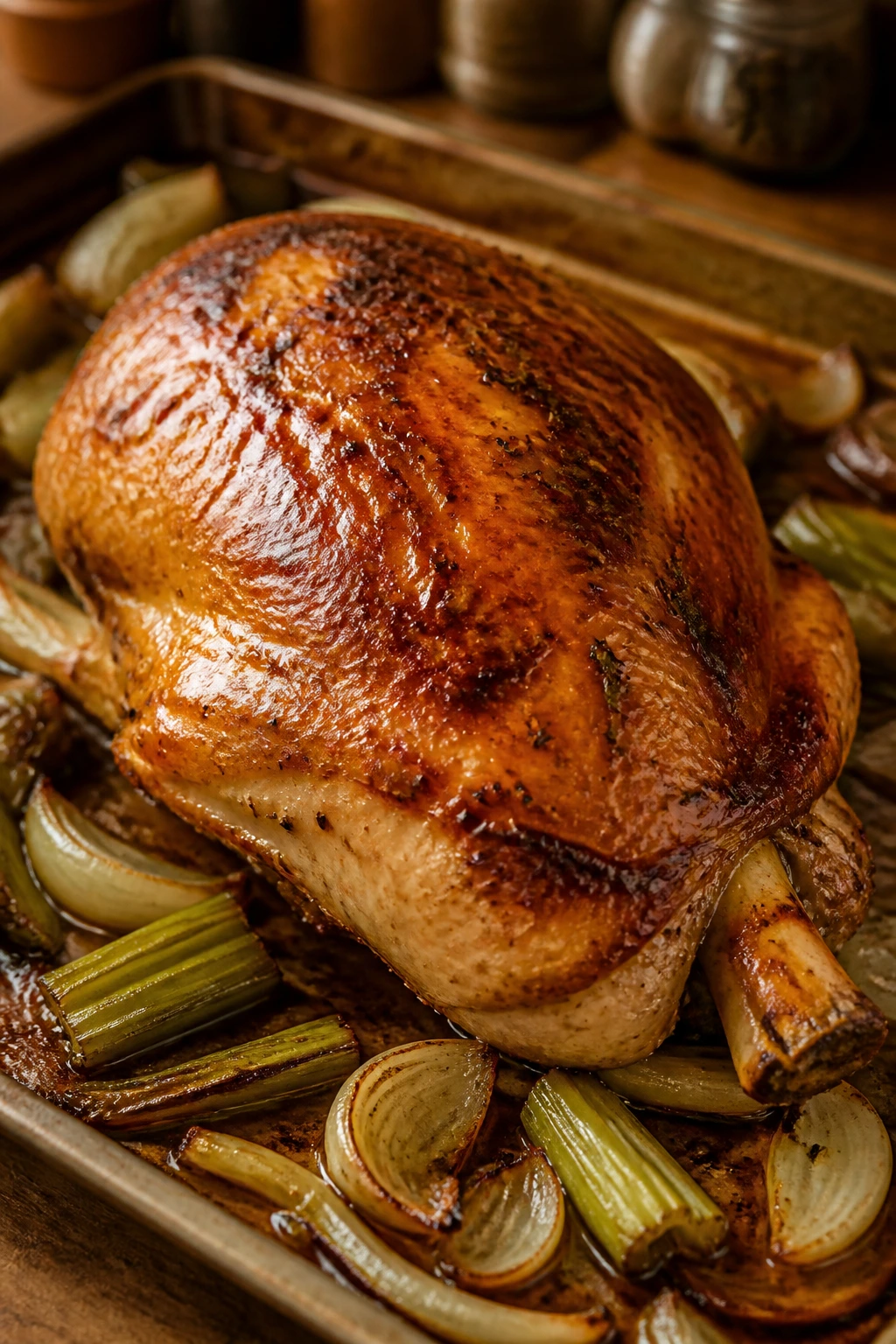 Bone-in turkey breast with crispy skin on a sheet pan with onions and celery