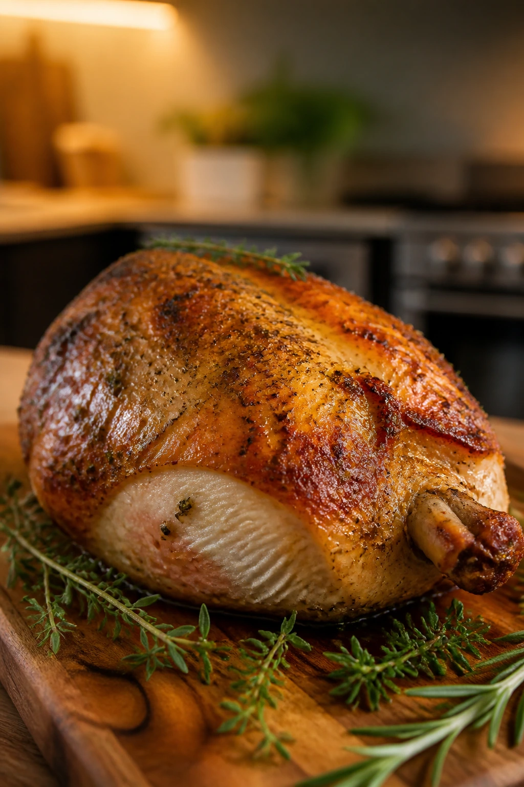 Golden bone-in roast turkey breast on wooden board with herbs