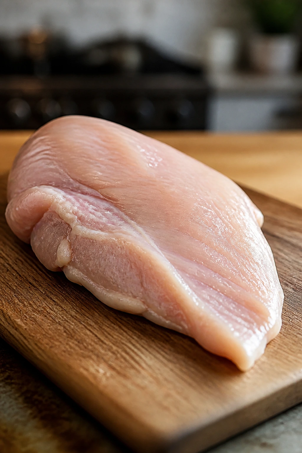Raw boneless chicken breast on cutting board in a kitchen.