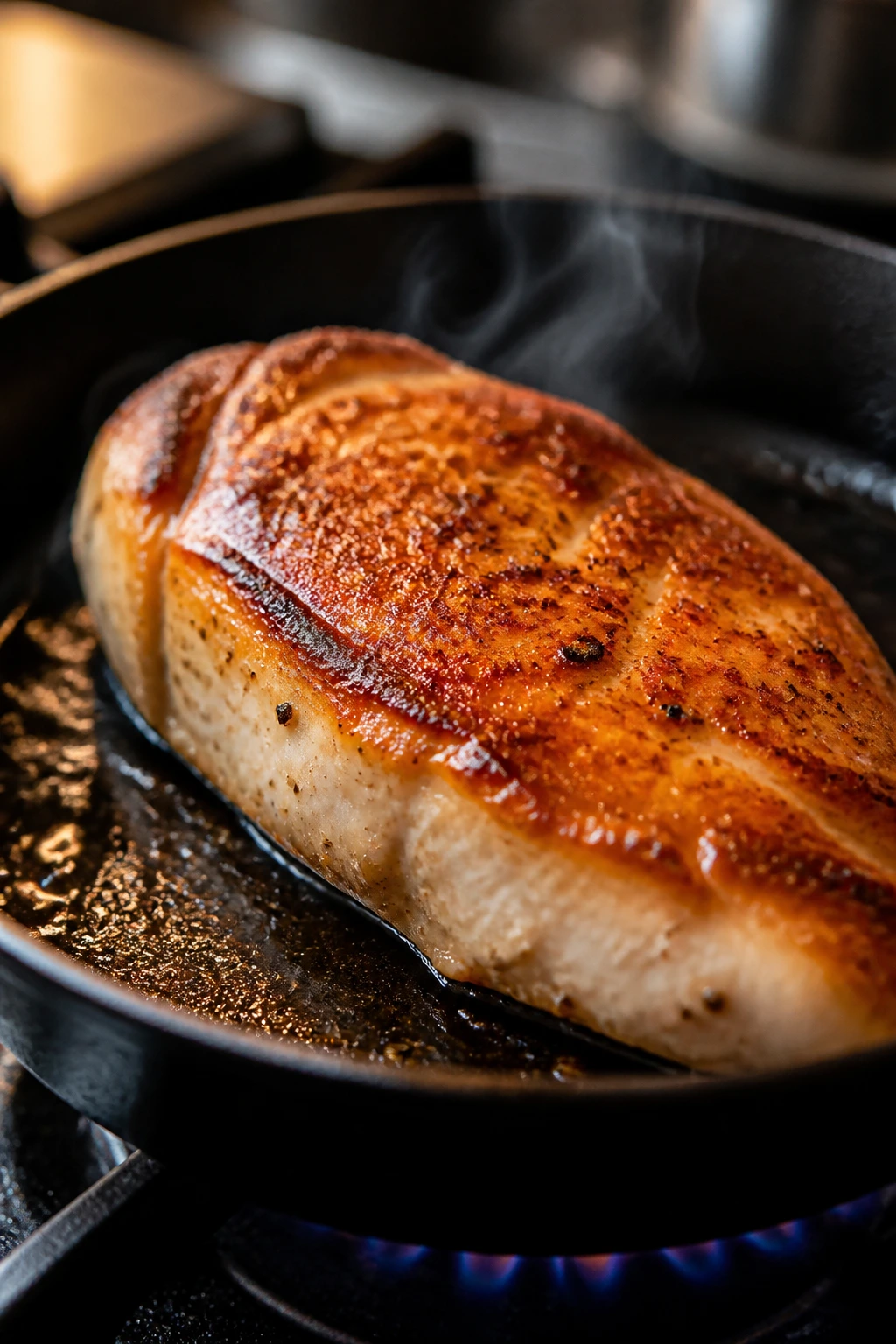 Close-up of a boneless chicken breast seared in a hot skillet