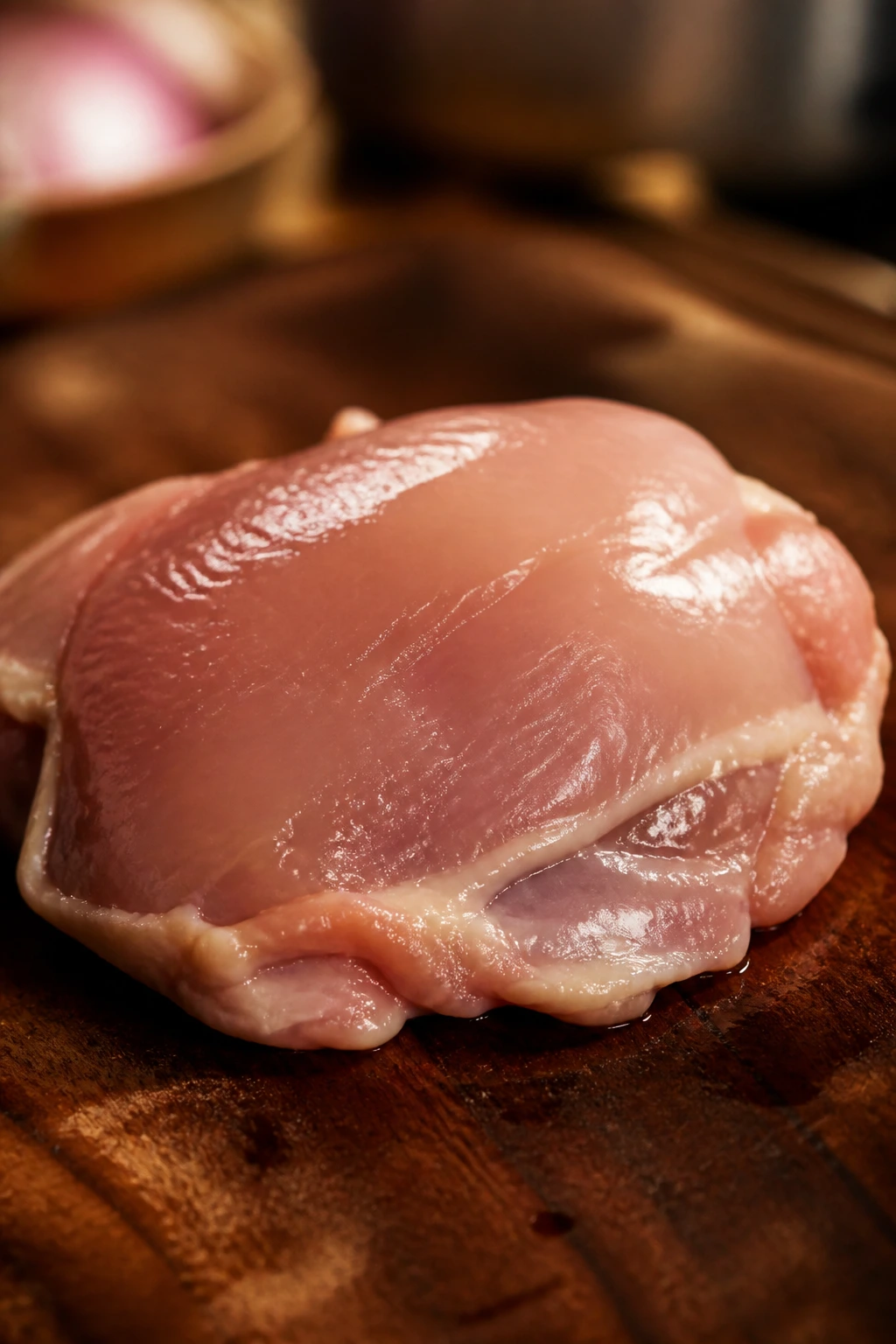 Raw boneless skinless chicken thigh on a cutting board.