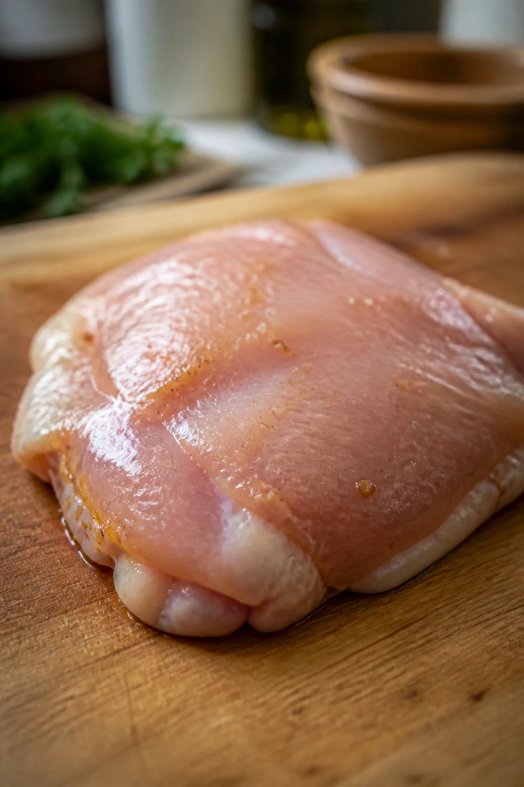 Raw boneless chicken thigh on cutting board with light marinade sheen