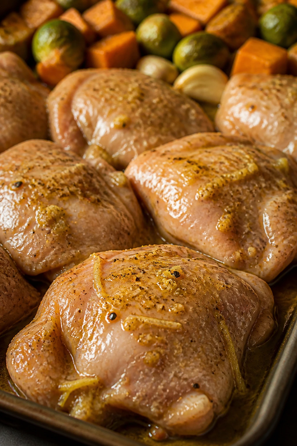 Close-up of boneless skinless chicken thighs on a sheet pan with lemon zest and garlic