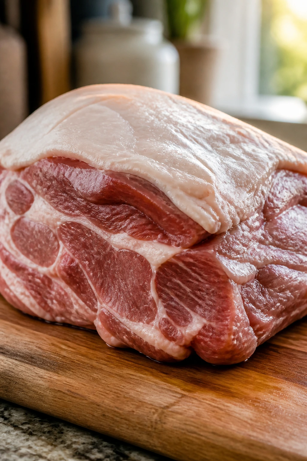 Boneless pork shoulder roast on a cutting board in a kitchen