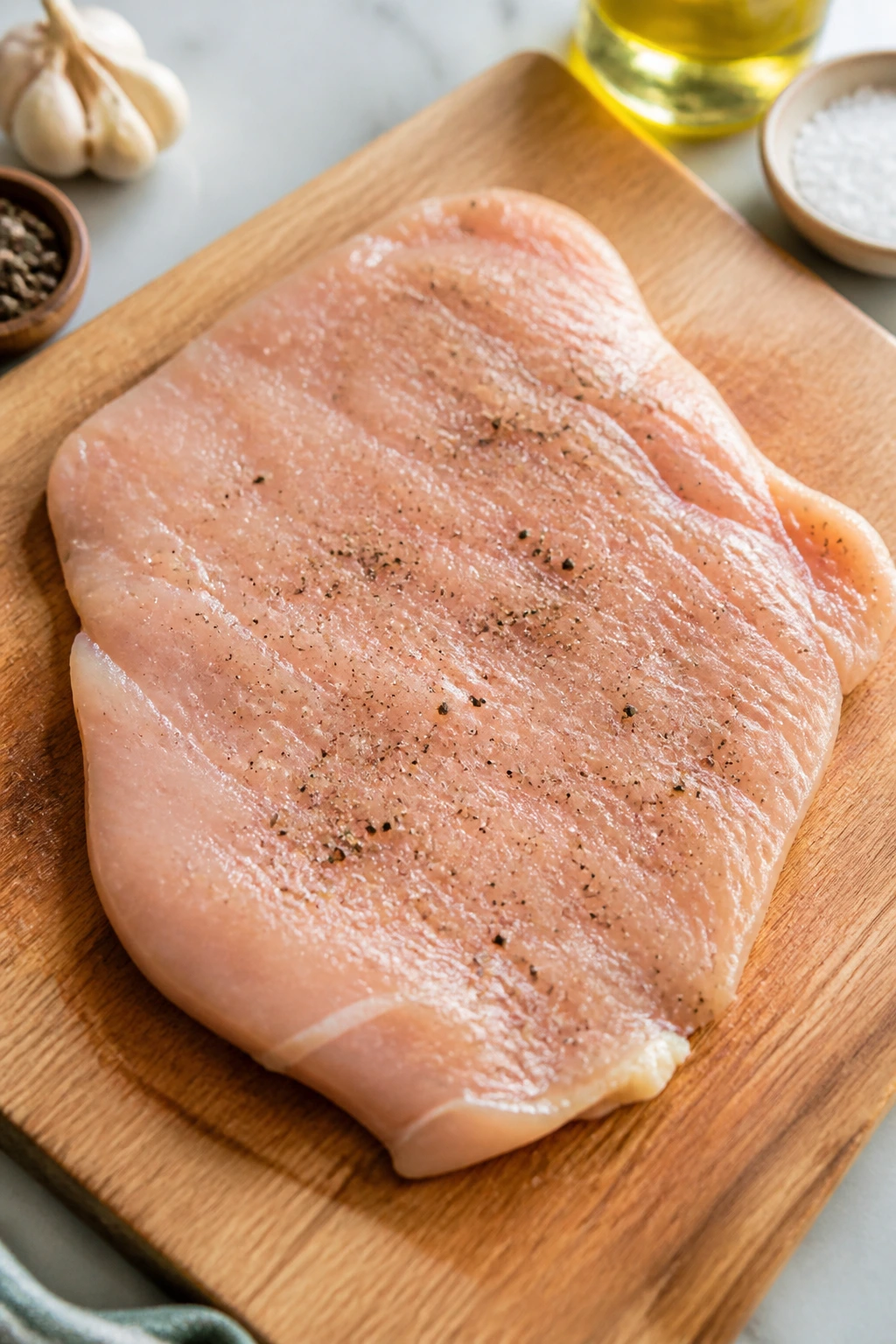 Boneless skinless chicken breast pounded to uniform thickness on cutting board