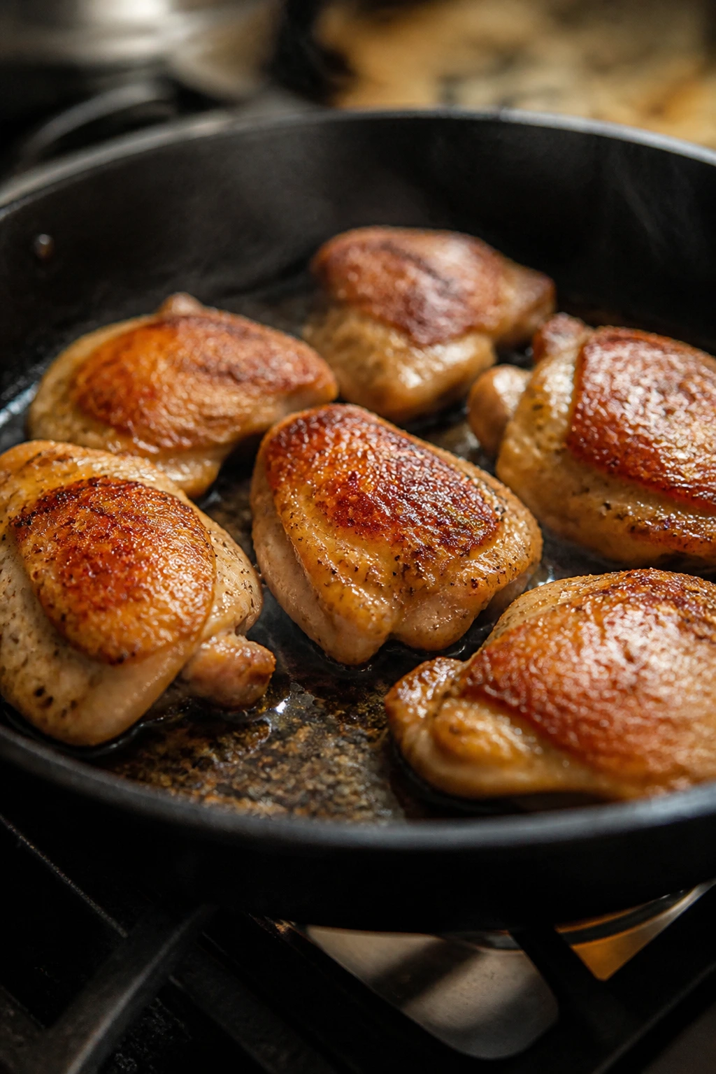 Boneless skinless chicken thigh searing in a skillet