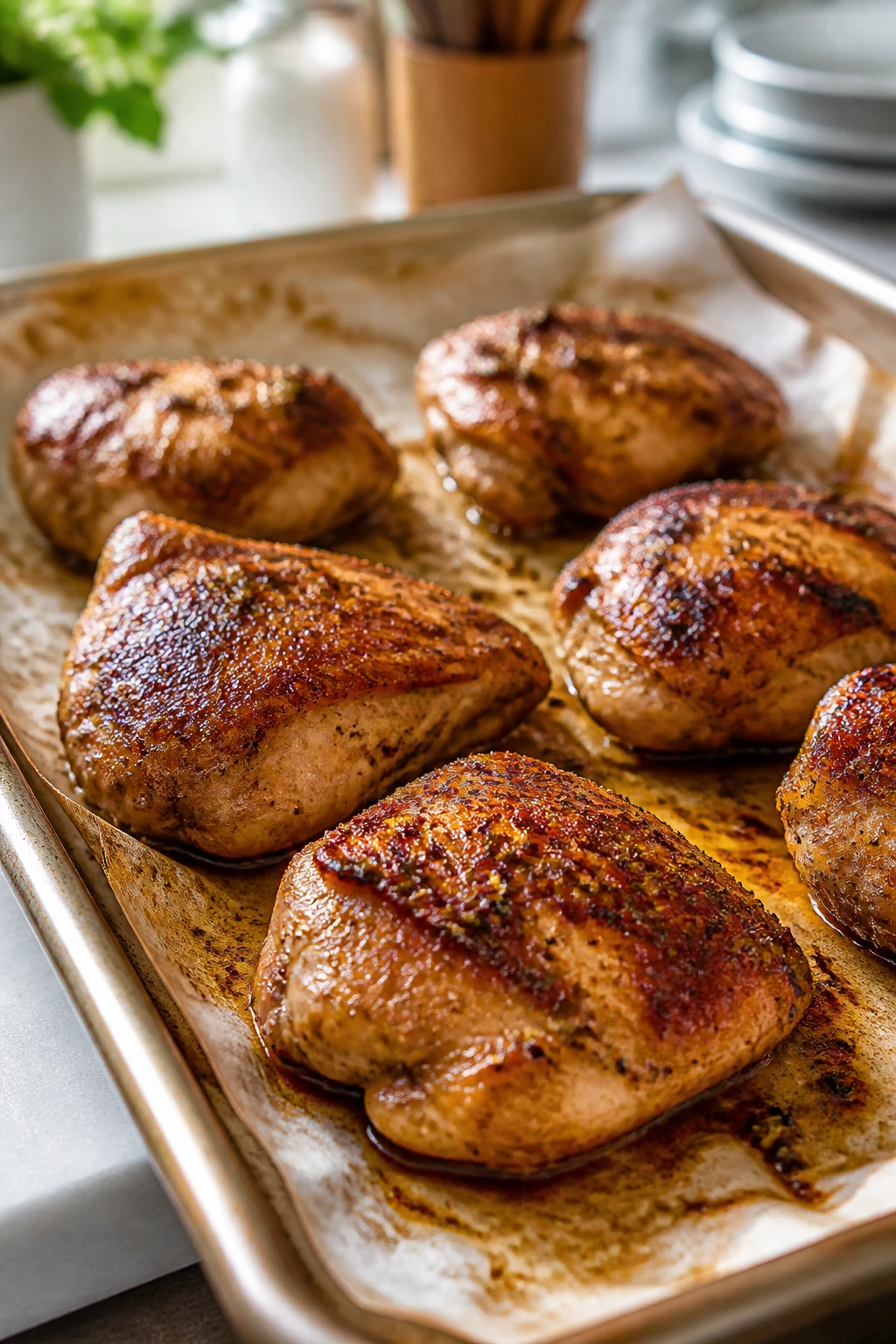 Boneless skinless chicken thighs browning with seasoning in a home kitchen