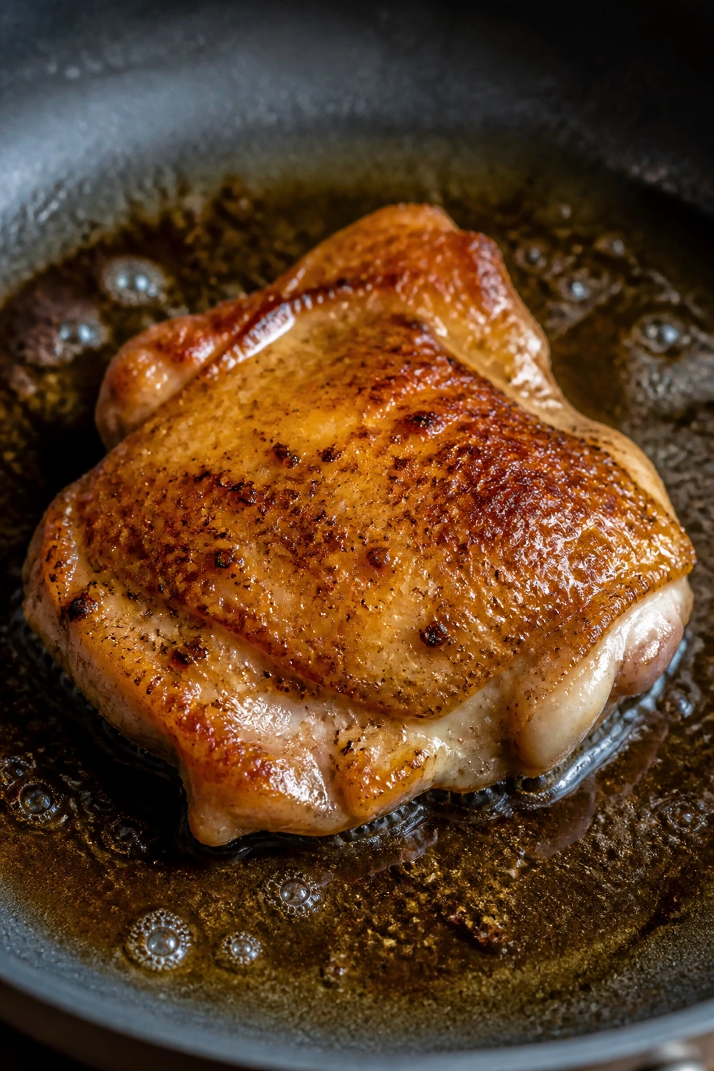 Boneless skinless chicken thigh browning in a skillet