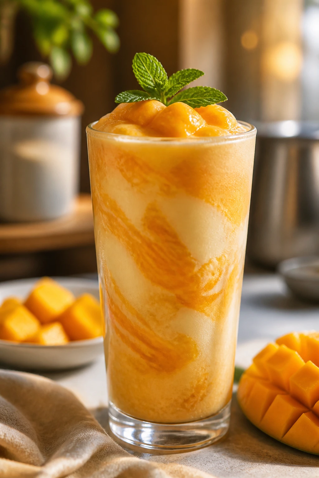 Close-up of Boozy Mango Lassi in a tall frosted glass with mint garnish