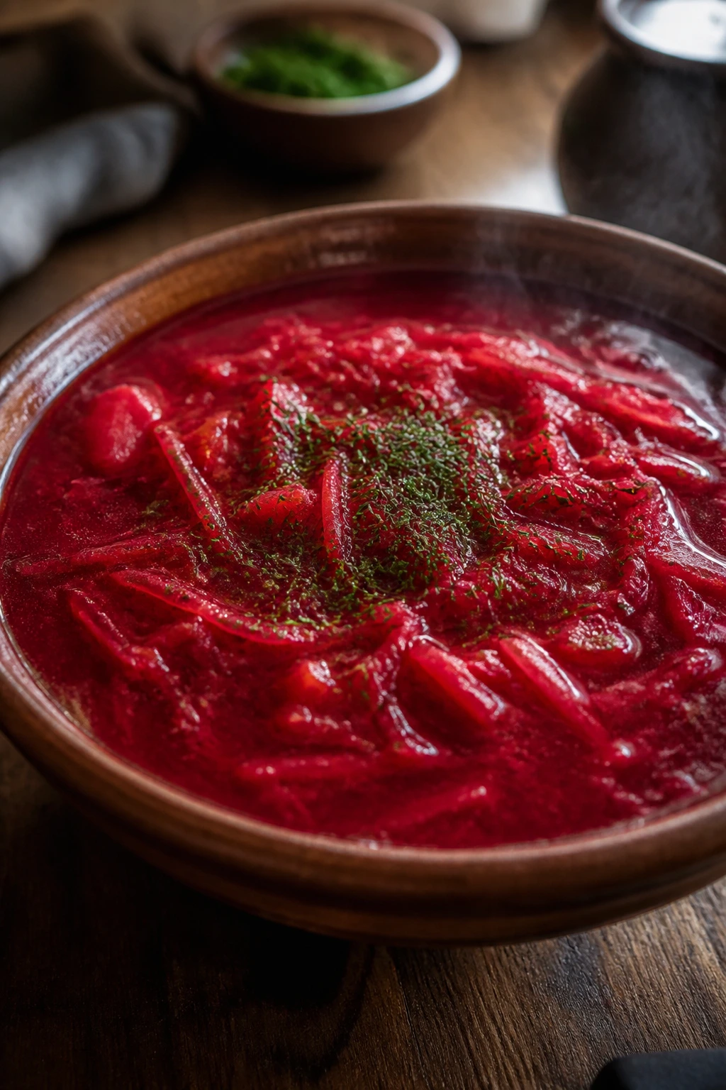 Close-up of a bowl of borscht with dill in a rustic kitchen