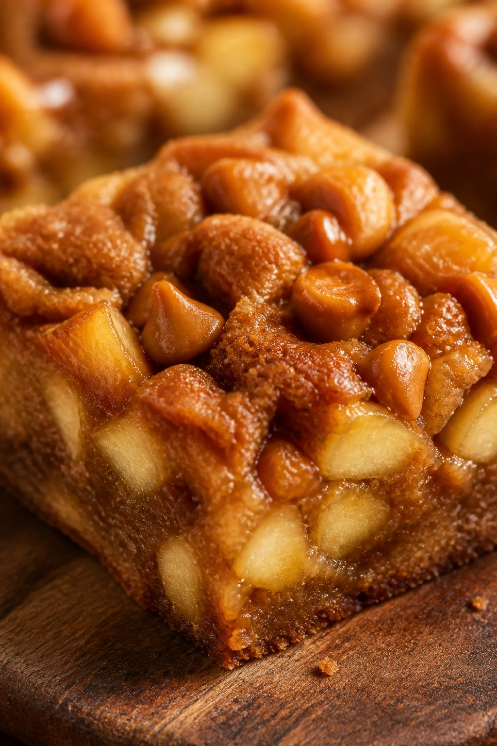 Close-up of Bourbon Butterscotch Apple Bars with glossy caramel top