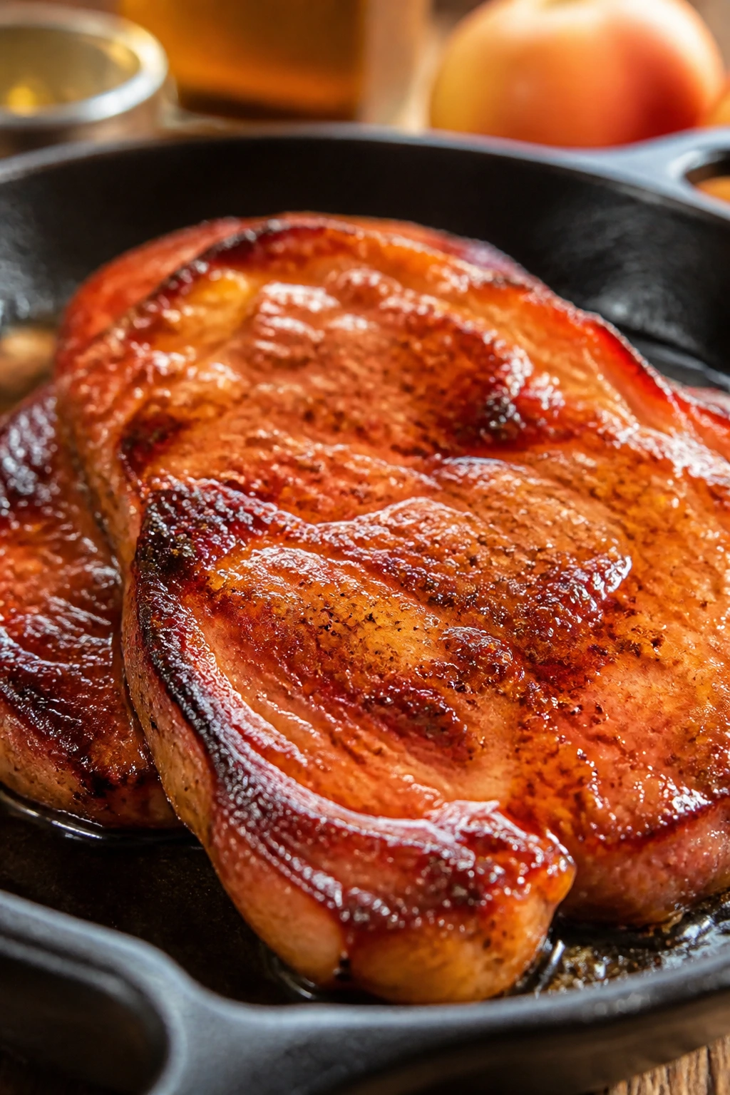 Ham steak with bourbon-apple cider glaze in a skillet