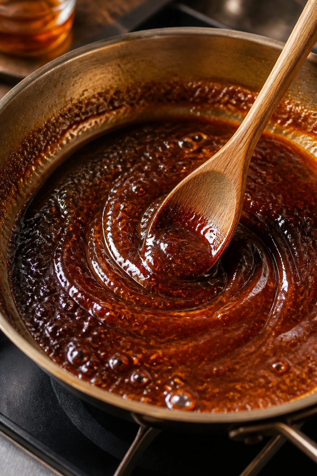 Glossy glaze swirling in pan with amber hue
