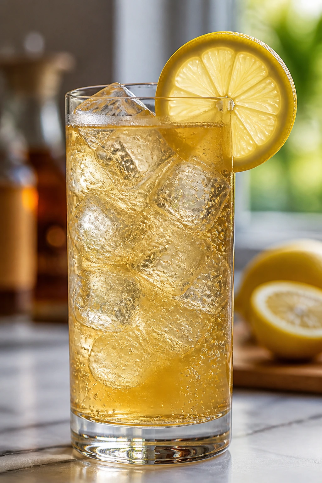Close-up of Bourbon Ginger Lemon Highball in a tall glass with lemon garnish.