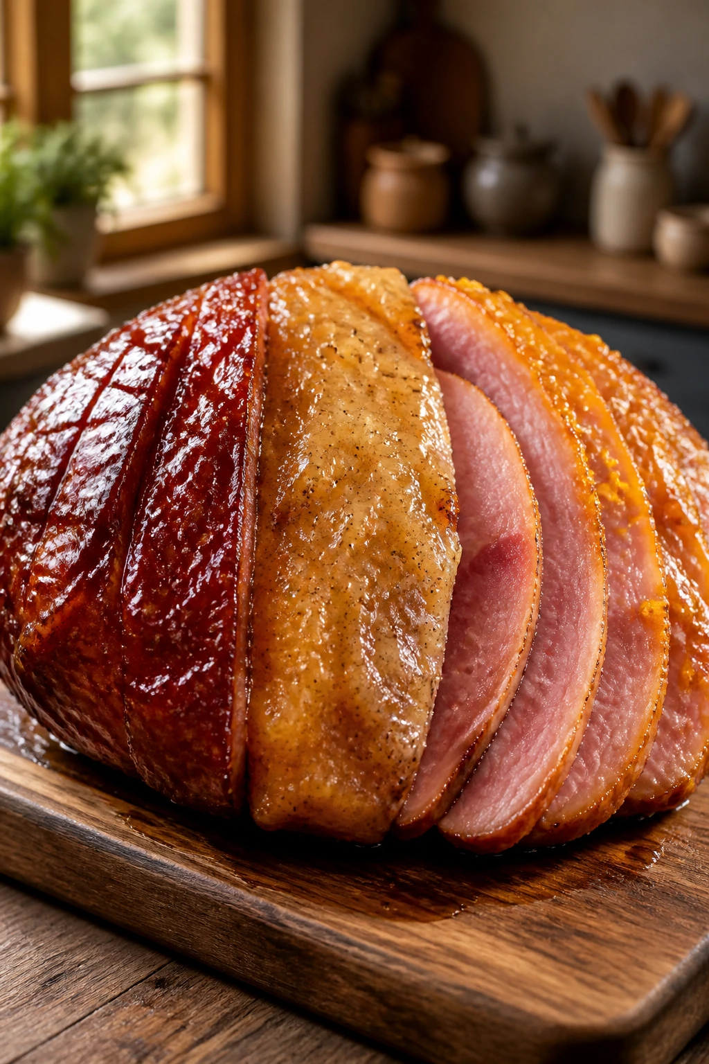 Close up of a bourbon-glazed ham with three glaze variations on a wooden cutting board
