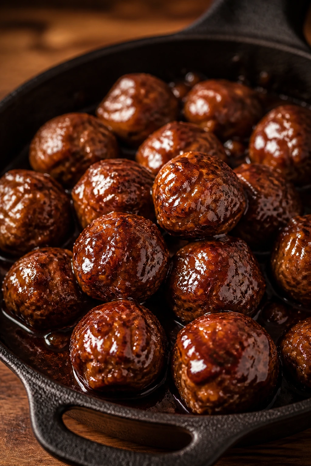 Close-up of bourbon-glazed meatballs in a skillet