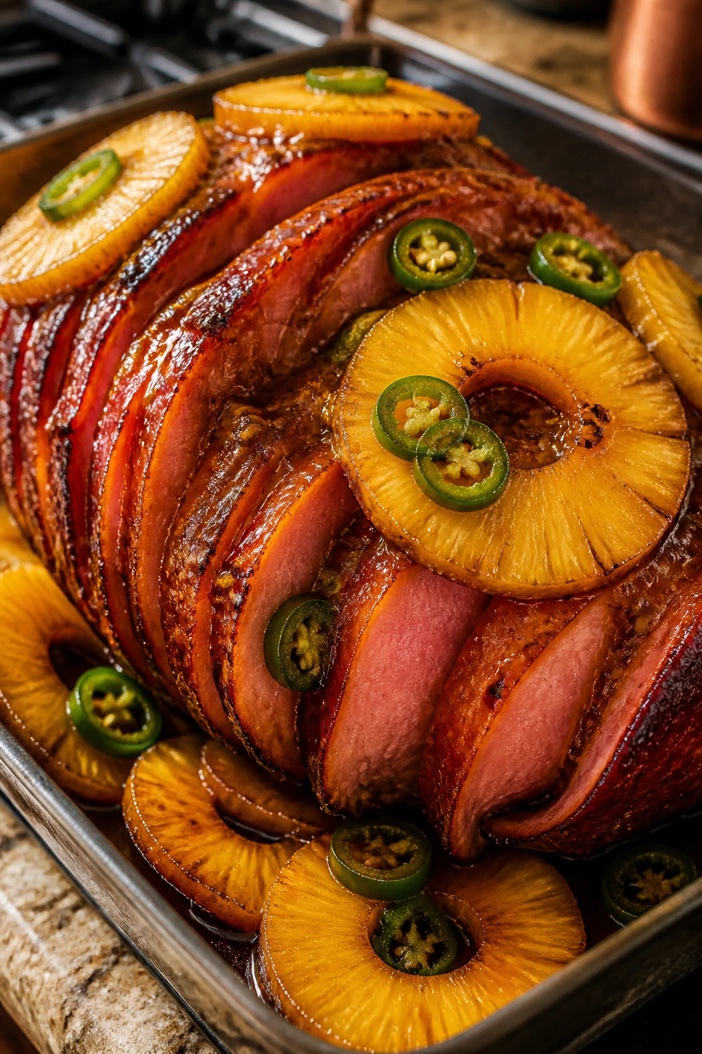 Bourbon ham with pineapple and jalapeños in glossy glaze
