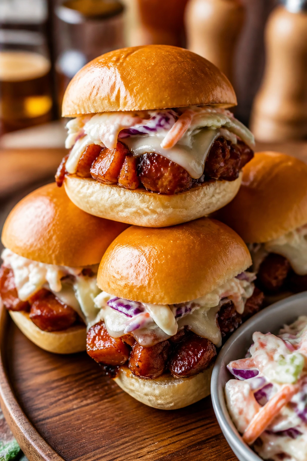 Bourbon ham sliders with quick slaw on a warm table