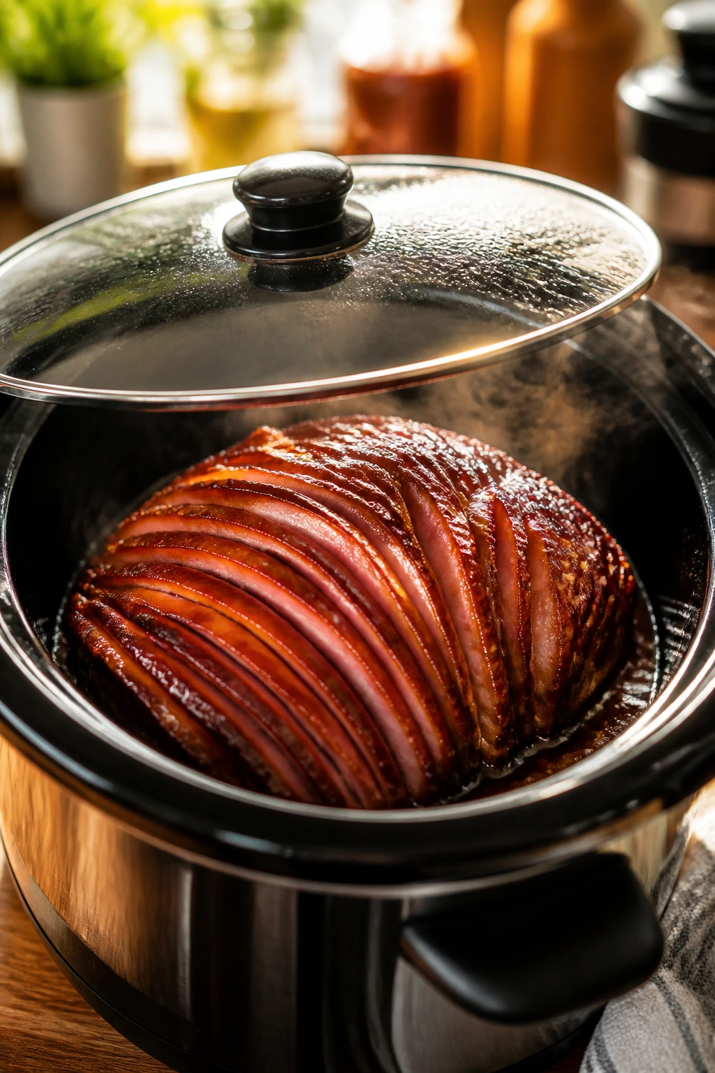 Close-up of bourbon-glazed spiral ham in a slow cooker on a warm kitchen counter