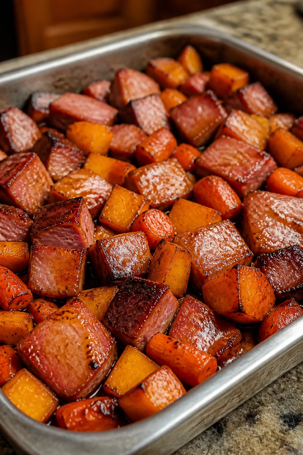 Bourbon ham with sweet potatoes and carrots in amber glaze