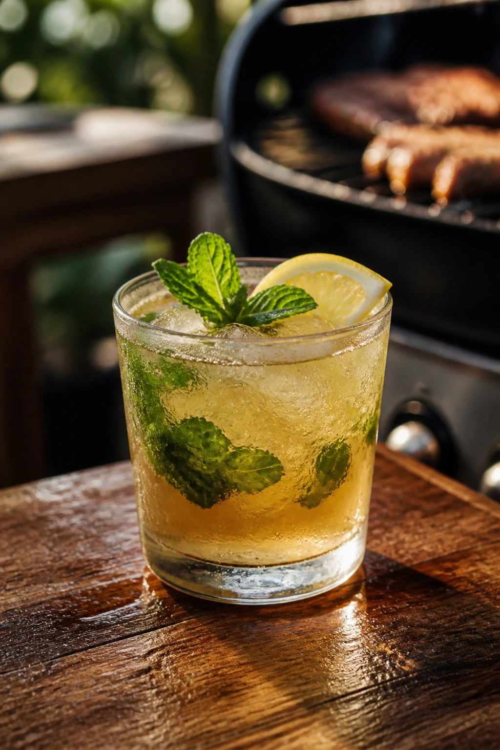 Close-up of bourbon lemonade smash in a glass