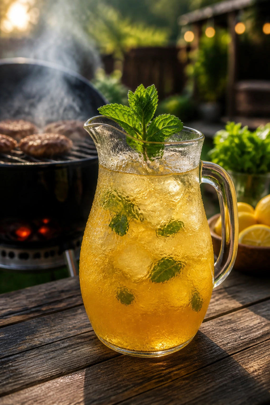 Close-up of bourbon lemonade smash by the grill