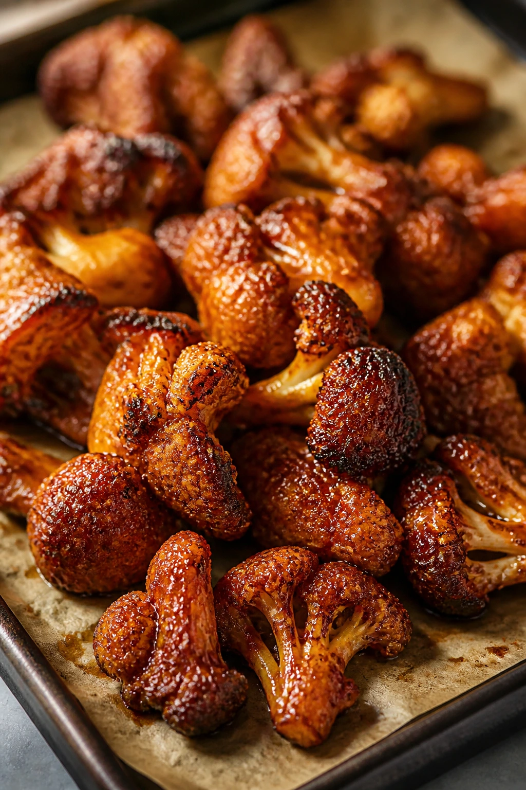 Close-up of bourbon peach cauliflower wings with sticky glaze on parchment