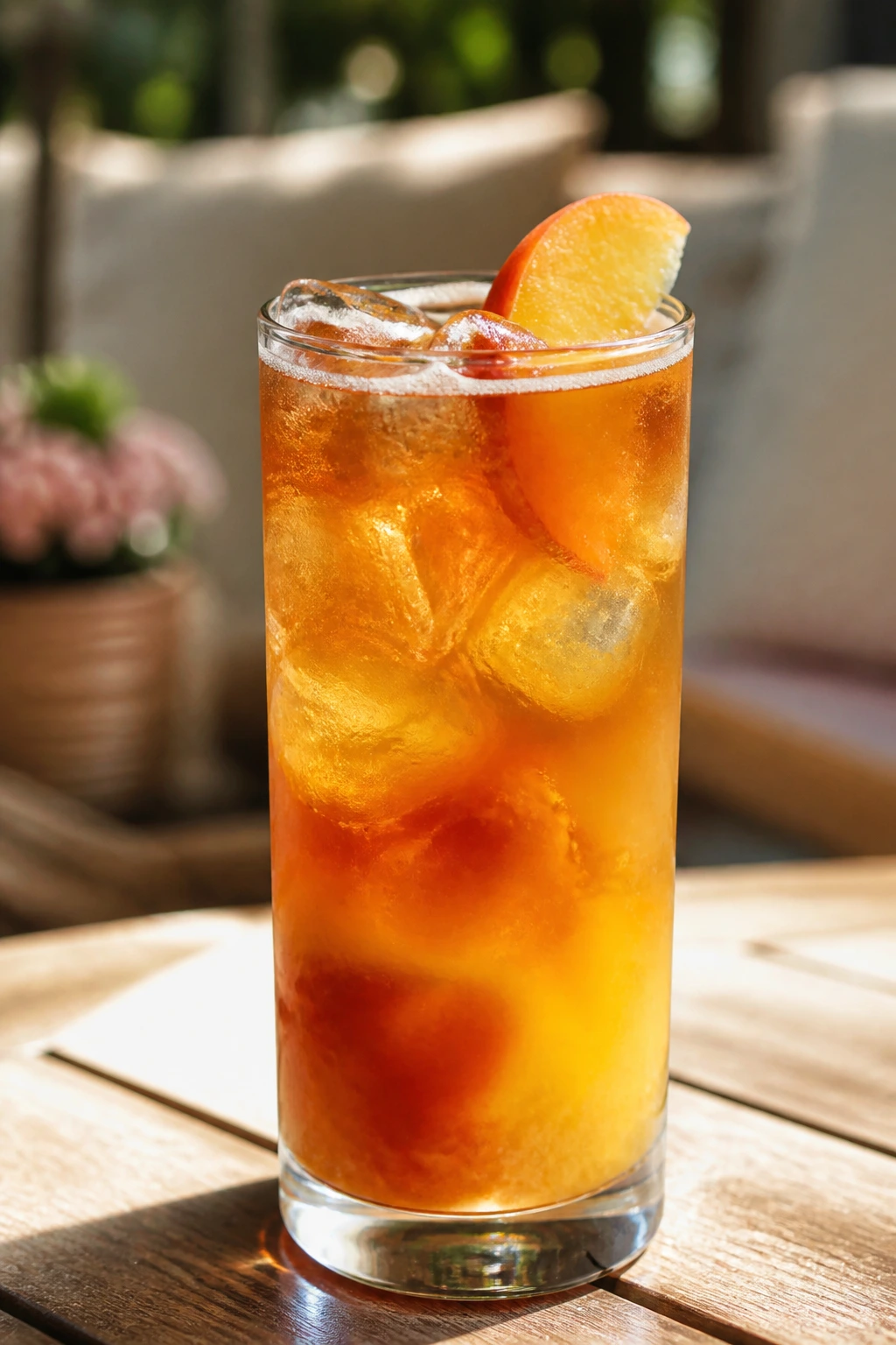 Tall Bourbon Peach Tea in a highball glass with a peach slice on a sunlit patio