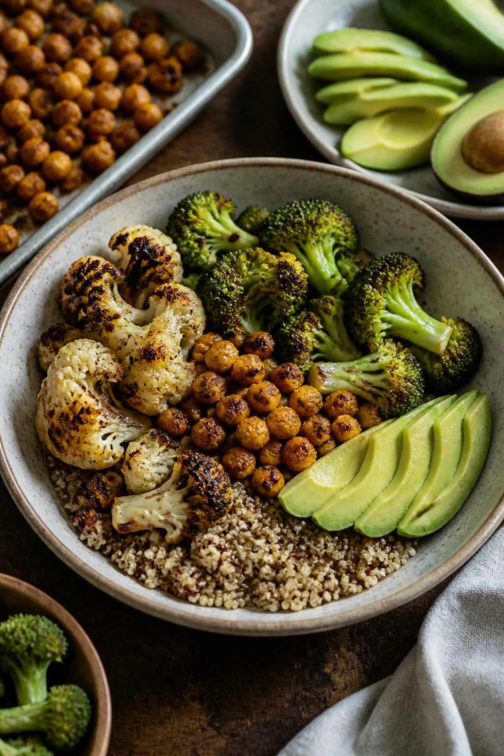 Assembled bowl showing quinoa base with vegetables and chickpeas in progress