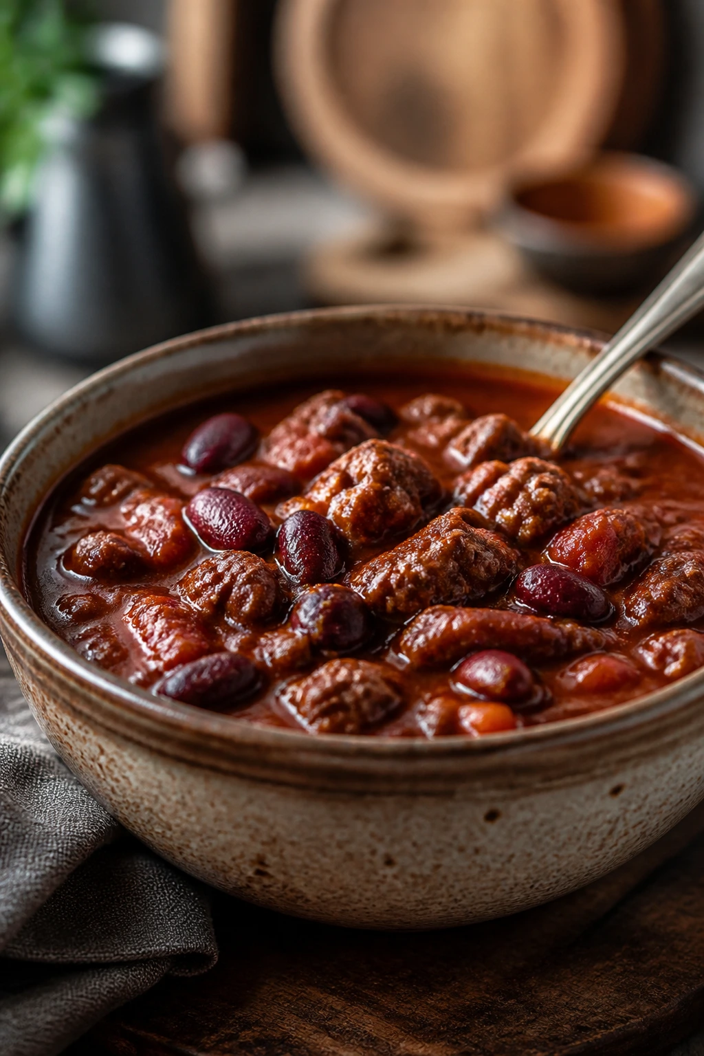 Rustic bowl of thick chili with beans and beef chunks