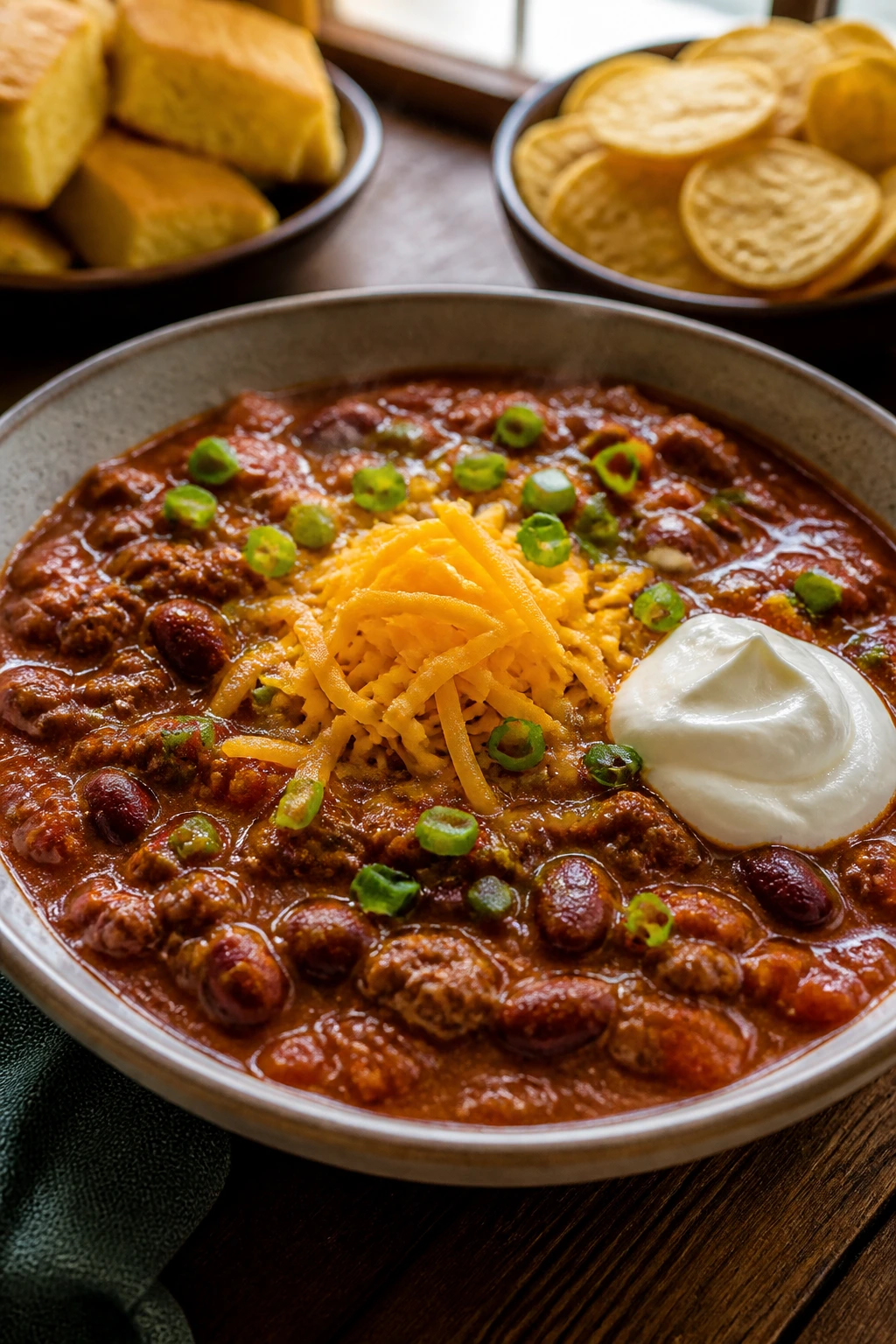 Wide-rim bowl of chili with cheddar and sour cream on a wooden table.