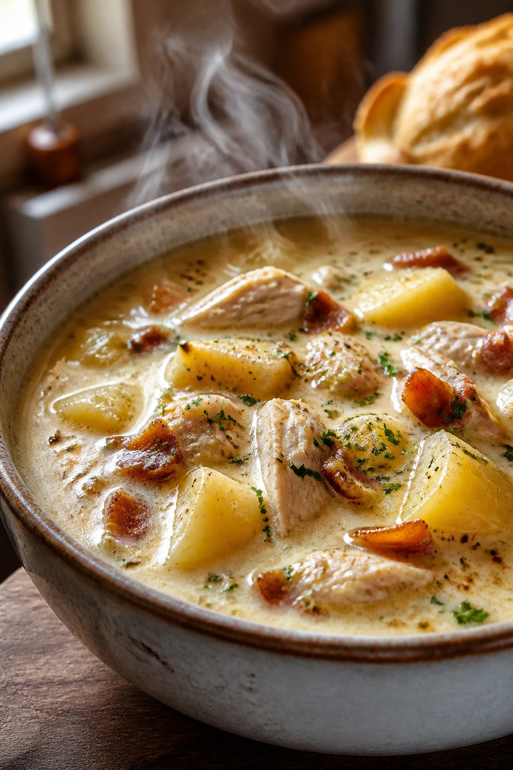 Close-up of a steaming bowl of creamy soup on a rustic table.