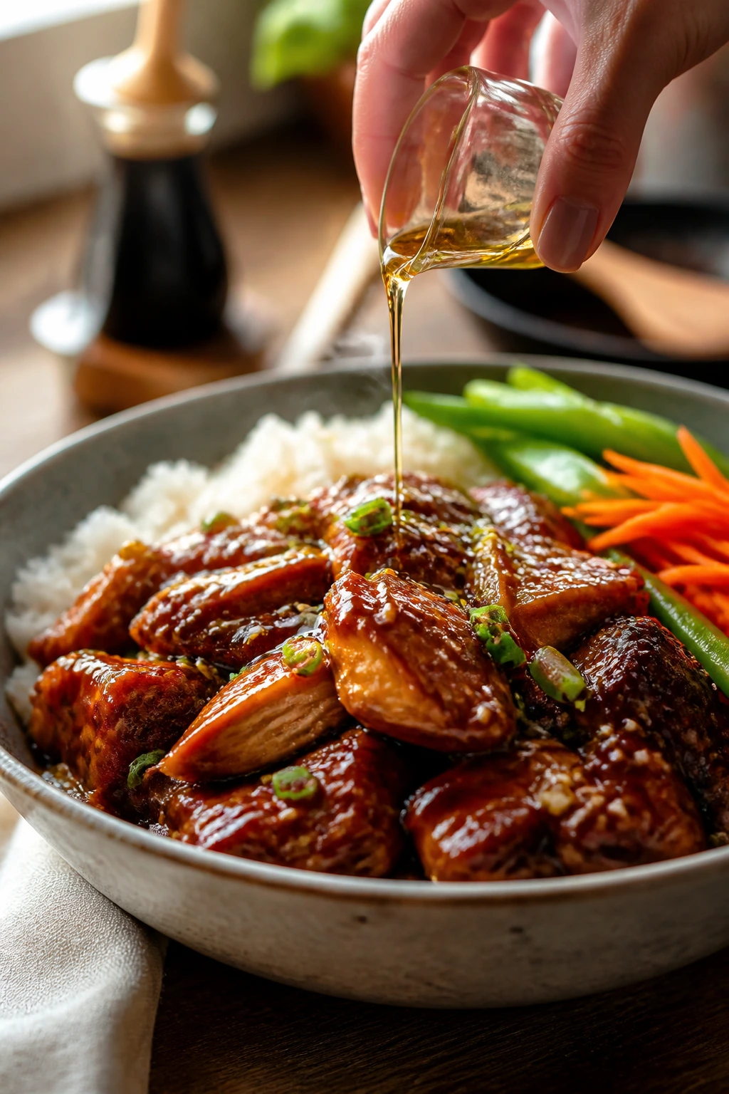 Glossy bowl of chicken with a finishing drizzle of vinegar and sesame oil
