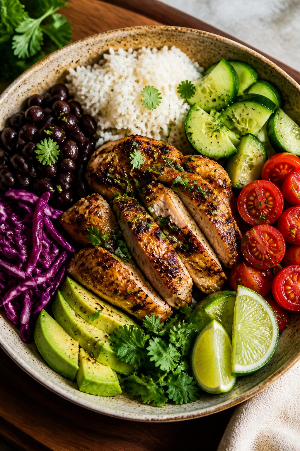 Top-down view of a bowl with chicken, rice, beans and vegetables