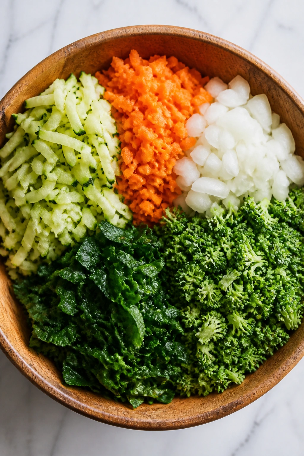 Rustic wooden bowl filled with chopped vegetables for veggie bites