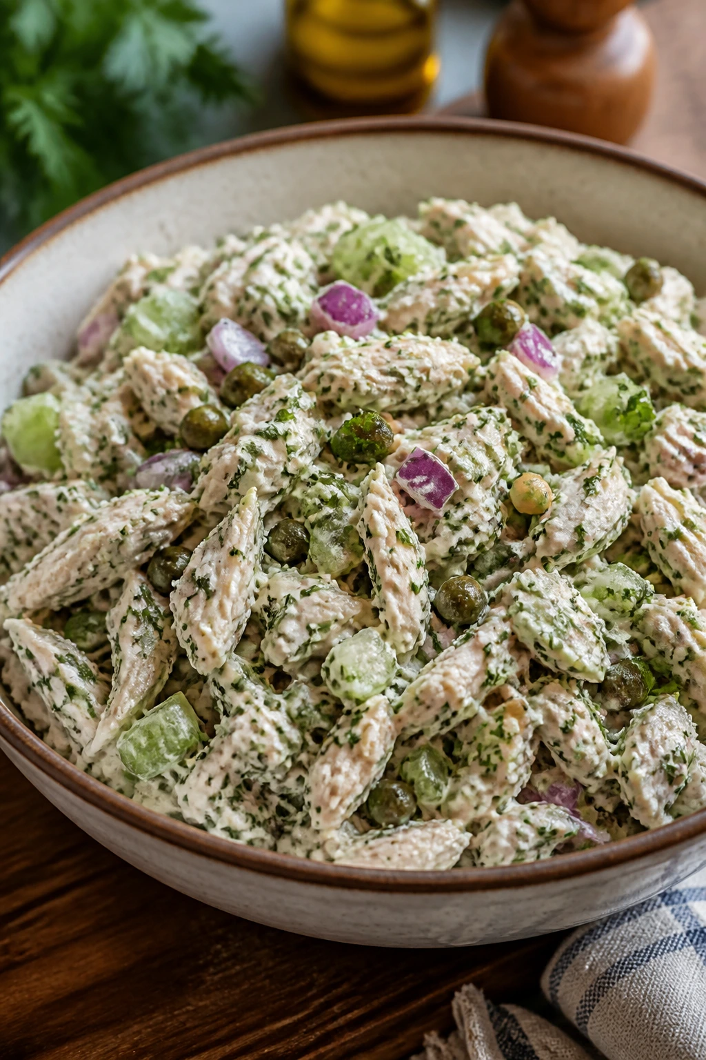 Bowl of chicken salad with visible celery, onion, dill, and parsley, in a warm kitchen setting.
