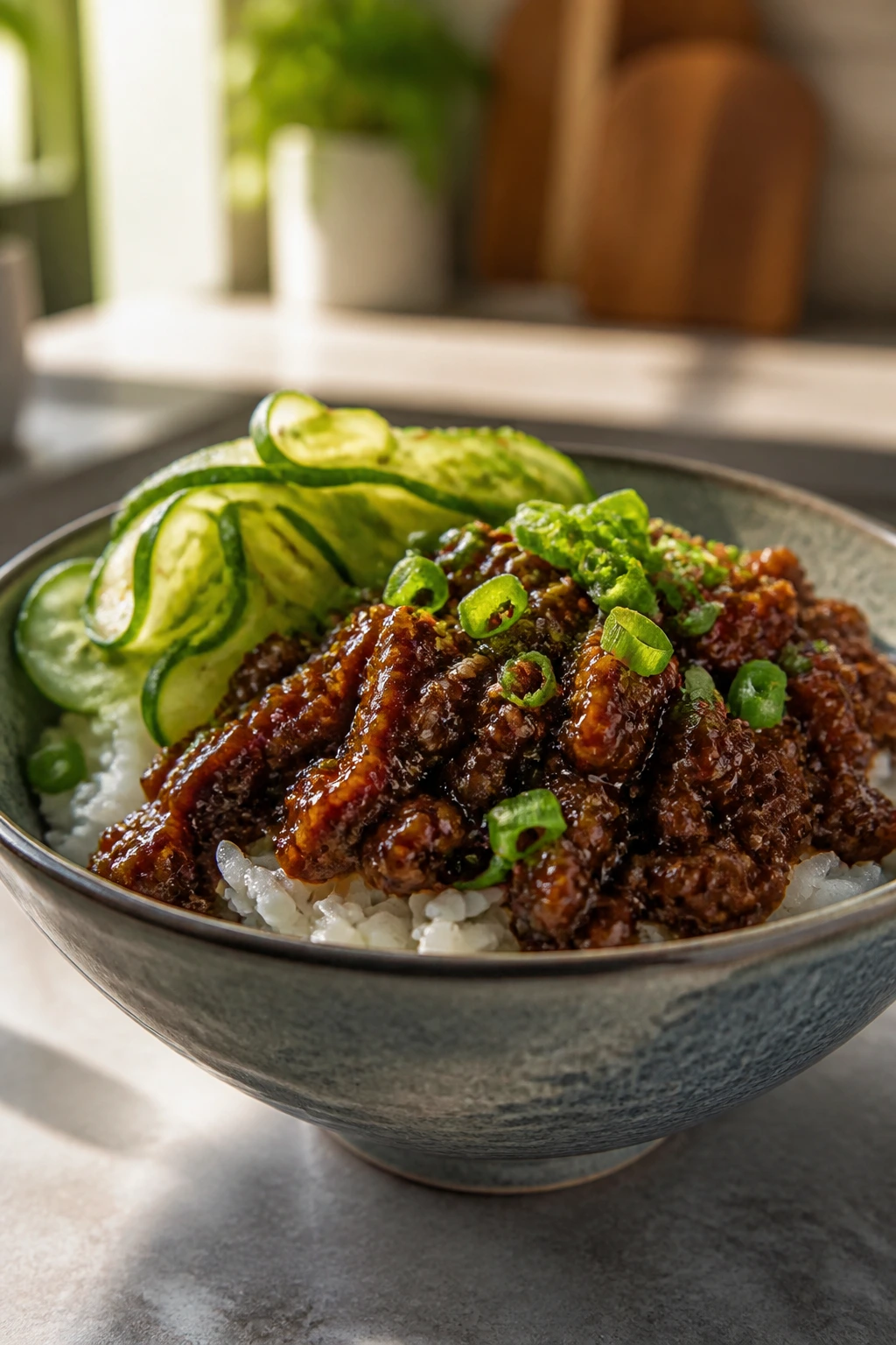 Close-up of a spicy Korean beef bowl with cucumber and scallions on a wooden counter