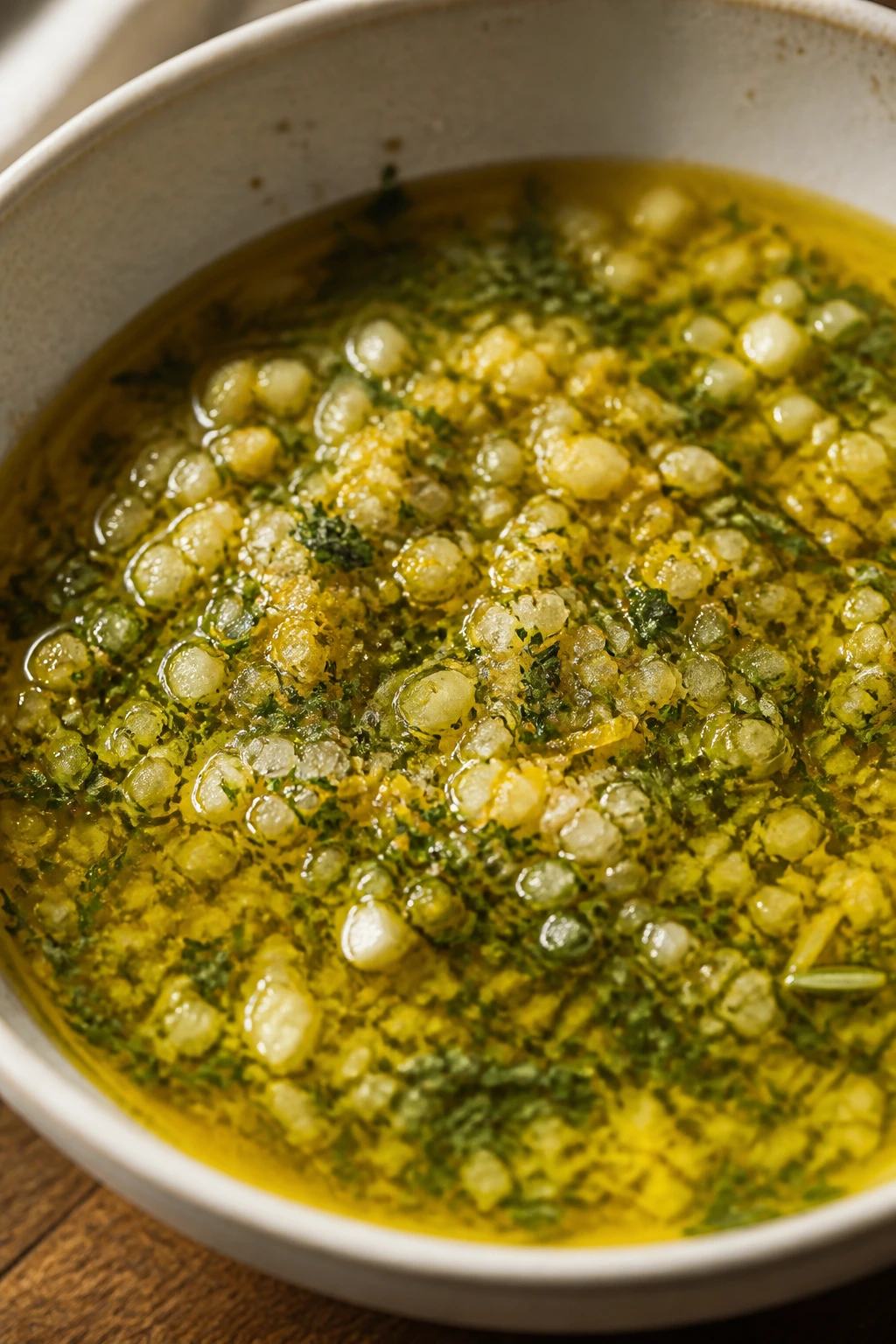 Close-up of a ceramic bowl filled with seasoned marinade showing salt, garlic, and herbs