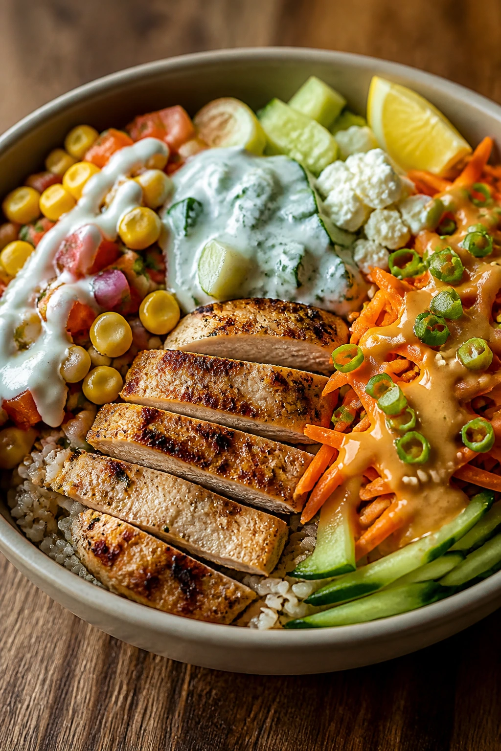 Close-up of a chicken bowl showing Southwest, Mediterranean, and peanut-sesame toppings.