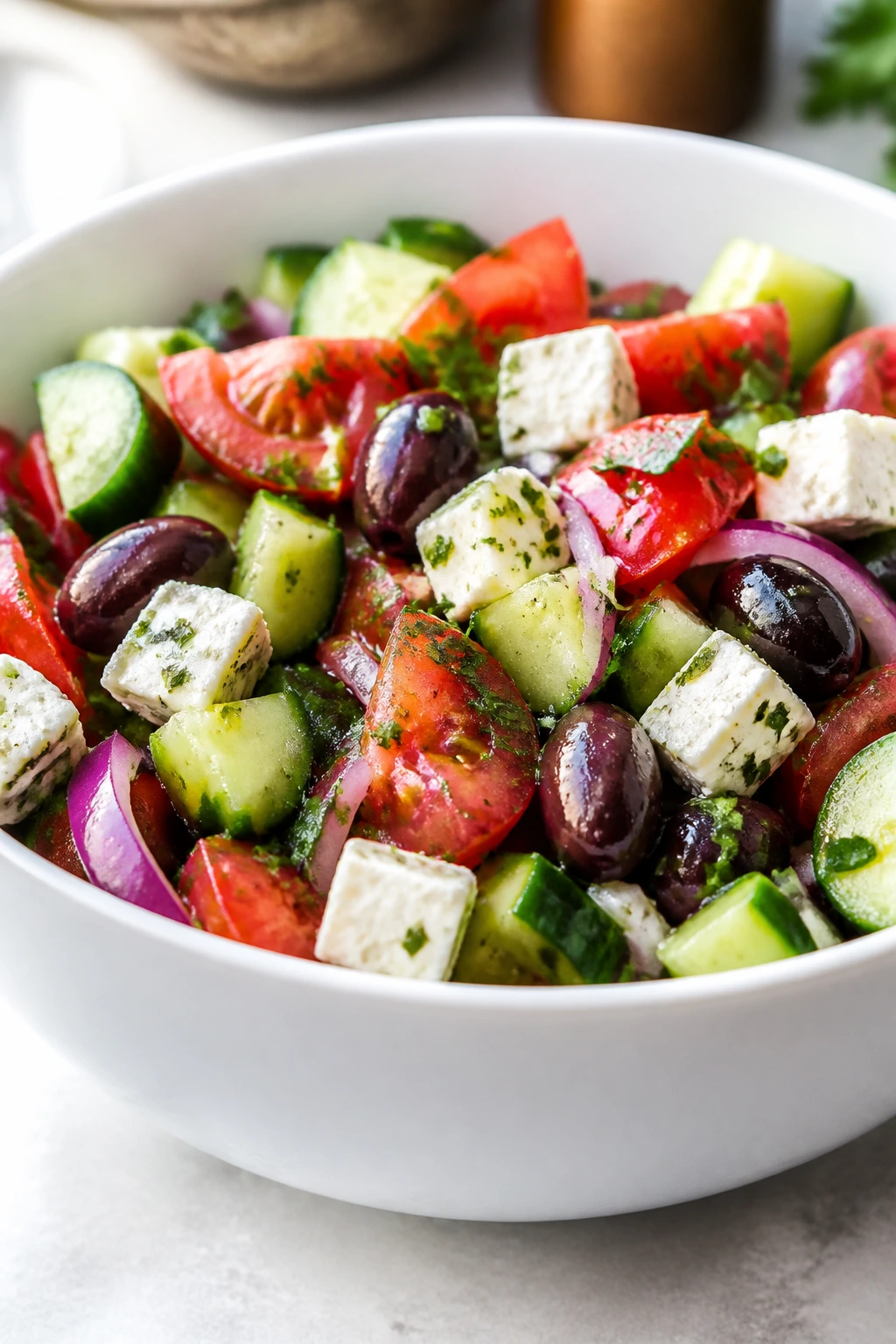 Sturdy bowl with vibrant salad on a kitchen counter