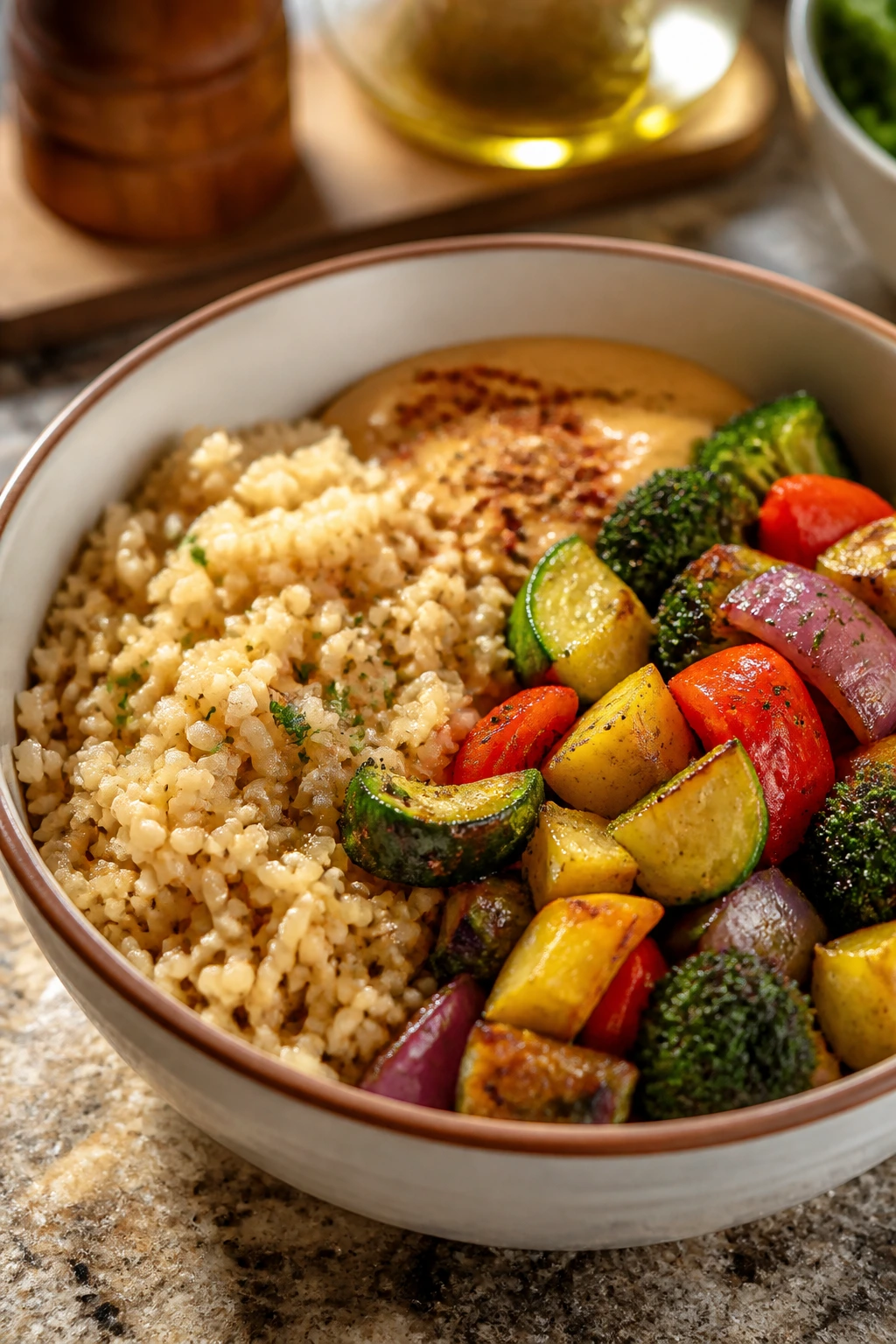 Bowl showing separated components for meal prep durability