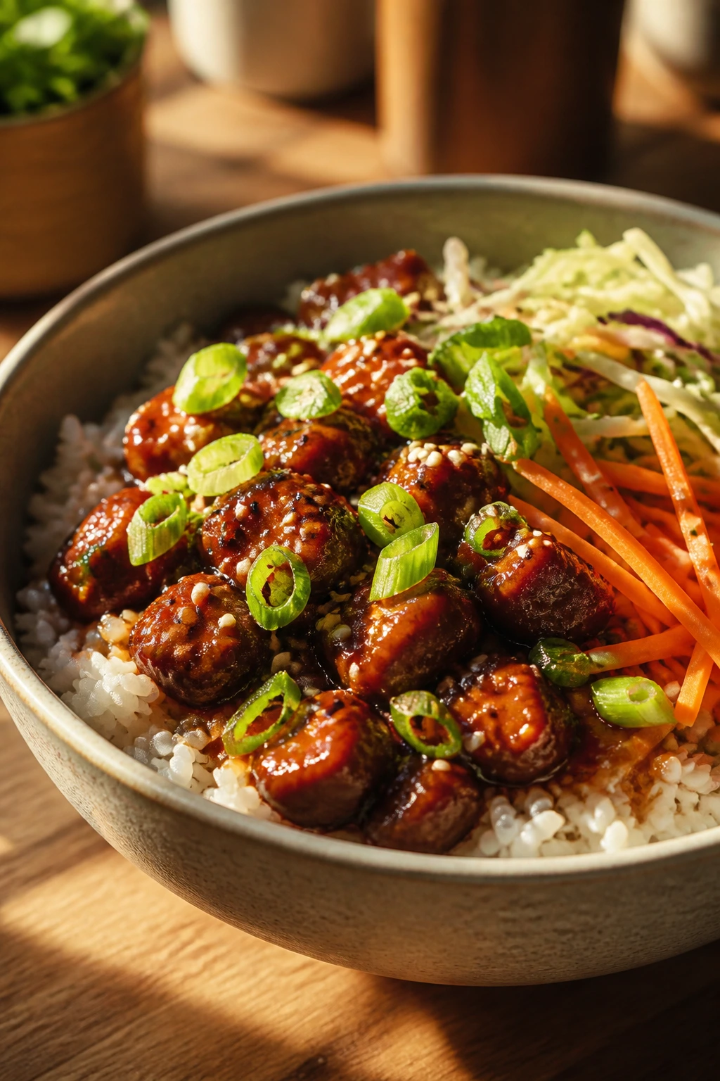 Close-up of a perfectly balanced Asian rice bowl on a wooden counter